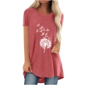 Detalle de camiseta de mujer rojo coral con estampado de diente de león y cuello redondo - S / Rosa
