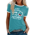 Detail of teal ringer t-shirt with funny wine print and white contrast ribbed neckline - S / Blue