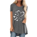 Grijs dames t-shirt met ronde hals en hartjes- en vlinderprint in een casual lange pasvorm - S / Grijs