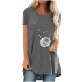 Damen T-Shirt in Dunkelgrau mit Pusteblumen-Print und asymmetrischem Vokuhila-Saum-Design - S / Grau