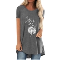 Camiseta casual holgada gris oscuro para mujer con elegante estampado de diente de león - S / Gris