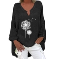 Damen V-Ausschnitt Langarmhemd aus Baumwollleinen mit Pusteblumen-Druck in Schwarz Oversize - S / Schwarz