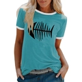 Détail de l'imprimé arête de poisson sur t-shirt ample bleu lac pour femmes - S / Bleu