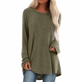 Women's army green loose long sleeve t-shirt with high-low hem and round neck - S / Khaki