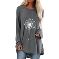T-shirt da donna grigio scuro a maniche lunghe, vestibilità ampia con stampa a dente di leone - S / Grigio