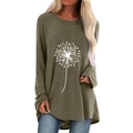 T-shirt femme vert olive à manches longues avec imprimé pissenlit blanc et col rond - S / Kaki