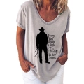 Damen V-Ausschnitt Kurzarm T-Shirt in Grau mit Vintage Cowboy Grafik und kreativem Druck - 3XL / Cowboy-Personensilhouette (966X) / Grau