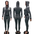 Front, side, and back view of a grey knit zip-up hoodie and slim jogger set for women - S / Gray