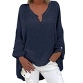 Dames katoen linnen lange mouw shirt met V-hals in marineblauw met losse pasvorm - S / Marineblauw