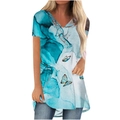Damen Kurzarm-T-Shirt mit V-Ausschnitt, blauem Marmormuster und Schmetterling-Print - S / Blauer Schmetterling Druck