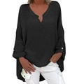 Dames katoen linnen shirt met V-hals in zwart met lange mouwen en knoopsluiting - S / Zwart