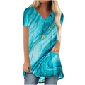 Damen V-Ausschnitt T-Shirt mit blauem Marmor- und Goldglitzerdruck in mittlerer Länge - S / Blau Gold Marmor Textur