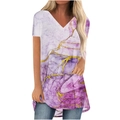 T-shirt col en V pour femme avec imprimé marbre violet et blanc et lignes dorées d'art - S / Marbre Violet