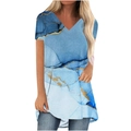 T-shirt long pour femme à col en V avec imprimé marbre bleu et nervures dorées - S / Marbre Bleu Clair
