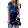 T-shirt femme à col en V avec imprimé marbre artistique bleu foncé et doré - S / Marbre Indigo