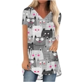 Tunique col en V pour femmes avec motifs de chats mignons en imprimé marbré gris et blanc - S / Chat Gris Blanc