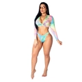 Women's long sleeve tie-dye swimsuit set with front zipper and high cut bottom - S / Multicolor