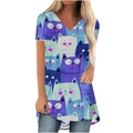Tunique femme à col en V avec motif marbré bleu et violet et imprimés chats mignons - S / Chat Violet Bleu