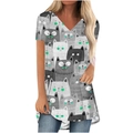 T-shirt col en V pour femmes avec imprimé intégral de chats mignons en gris et blanc - S / Chat aux Yeux Verts