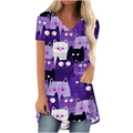 T-shirt femme col en V avec imprimé de chats de dessin animé texture marbrée violette - S / Chat de Dessin Animé Violet