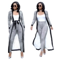 Close-up of women's three-piece set featuring plaid cardigan, white vest, and slim trousers - S / Grey Grid