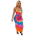 Women's slim fit tie dye bodycon maxi dress with colorful spiral print and spaghetti straps - S / Orange Tie-Dye