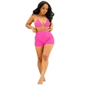 Close-up of pink two-piece bikini set with white rhinestones and high-waisted shorts - S / Pink