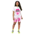 Close-up of women's two-piece tracksuit featuring a pink lip print and tie-dye cycling shorts - S / Pink Tongue Style