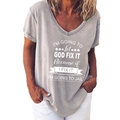 Graues Damen T-Shirt mit V-Ausschnitt und weißem 'Let God fix it' Grafikaufdruck - 3XL / Humorvoller Slogan-Druck (963X) / Grau