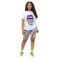 Detail of women's summer set with lip print t-shirt and multi-color tie-dye shorts - S / Purple Tongue Style