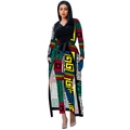 Women's three-piece set with vibrant geometric print long cardigan and matching trousers - S / Red Geometric