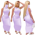 Three views of a lilac sleeveless bodycon maxi dress featuring a built-in face mask hood - S / Purple