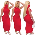 Three views of red sleeveless bodycon dress with matching neck-guard face mask - S / Red