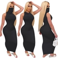 Slim fit sleeveless black maxi dress with built-in face mask and high neck design - S / Black