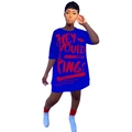 Detail of blue T-shirt dress featuring red graffiti lettering and street style graphics - S / Royal Blue