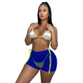 Silver sequin bikini top with neon green trim and navy blue tie-side bikini bottom - S / Royal Blue