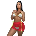 Three-piece metallic silver bikini set with neon green trim and red mesh shorts - S / Red