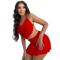 Detail of red two-piece set featuring halter neck crop top and ruched mini skirt - S / Top And Bottom / Red