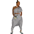 Detail of grey one-shoulder top and harem pants set with large functional side pockets - S / Gray