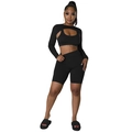 Three-piece black athletic set featuring long sleeve shrug, sports bra and biker shorts - S / Black