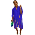 Detail of loose-fit navy maxi shirt dress with colorful vertical stripe patchwork - S / Blue