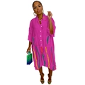 Detail view of the oversized fuchsia shirt dress with large utility pockets and stripes - S / Rose Red