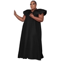 Detail view of plus size black V-neck maxi dress featuring dramatic ruffle shoulder accents - Black