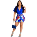 Damesset met koningsblauwe blazer met dubbele rij knopen en kleurrijke geprinte short - S / Blauw