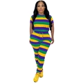 Dames tweedelige katoenen set met kleurrijke Mardi Gras strepen, korte mouwen en broek - S / Smalle Streep