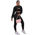 Dettaglio della trama del tessuto a coste nero su questo set casual da donna da 3 pezzi - S / Nero