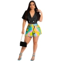Dames set met V-hals double-breasted korte blazer en kleurrijke abstracte geprinte shorts - S / Zwart