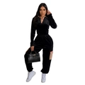 Zweiteiliger Damen-Trainingsanzug aus schwarzem Samt mit braunem Karomuster-Patchwork - S / Schwarz