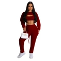 Damen 3-Teiler Lounge-Set in Burgund mit Langarm-Crop-Top und gerippter Jogginghose - S / Burgunderrot