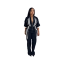 Detailed view of women's black and white vertical striped jumpsuit with high neck zipper - S / Black